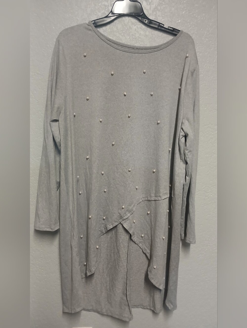 1XL Gray Asymmetrical Top With Faux Pearl Accents